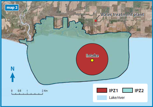  Area of land and water immediately surrounding a surface water intake
